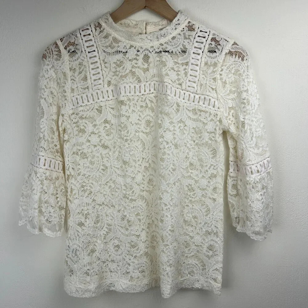 LOFT Top Womens Extra Small XS Ivory Lace Sheer Bell Sleeves Blouse Ladies